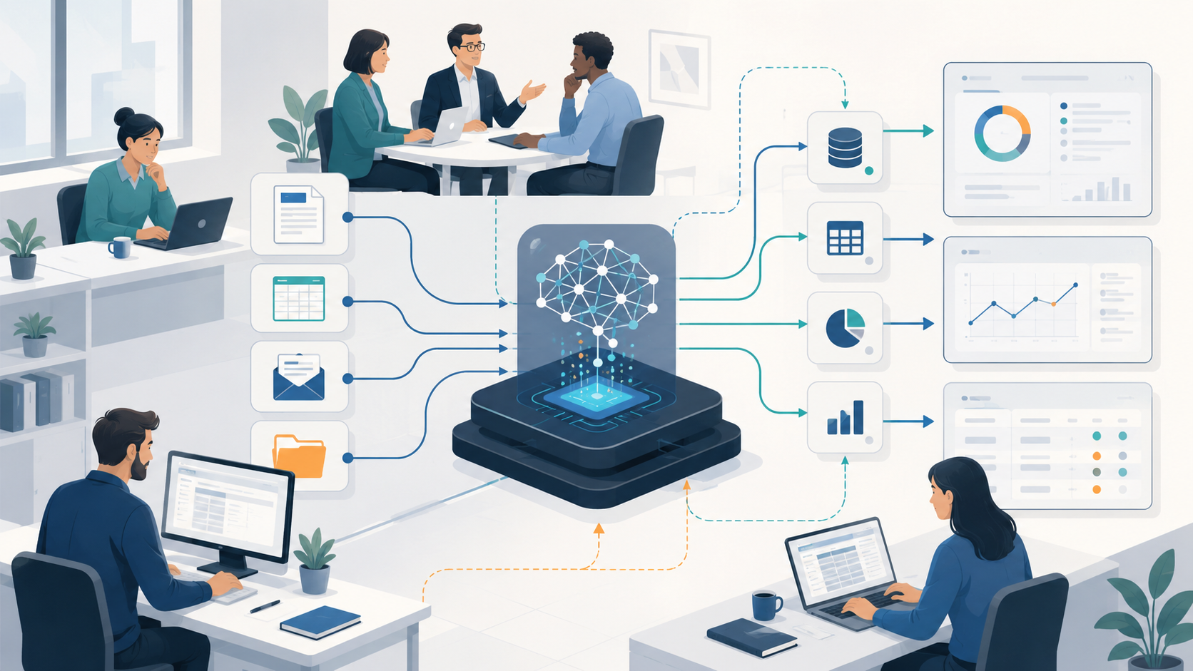 Equipos empresariales conectando documentación, datos y cuadros de mando mediante un sistema de inteligencia artificial.
